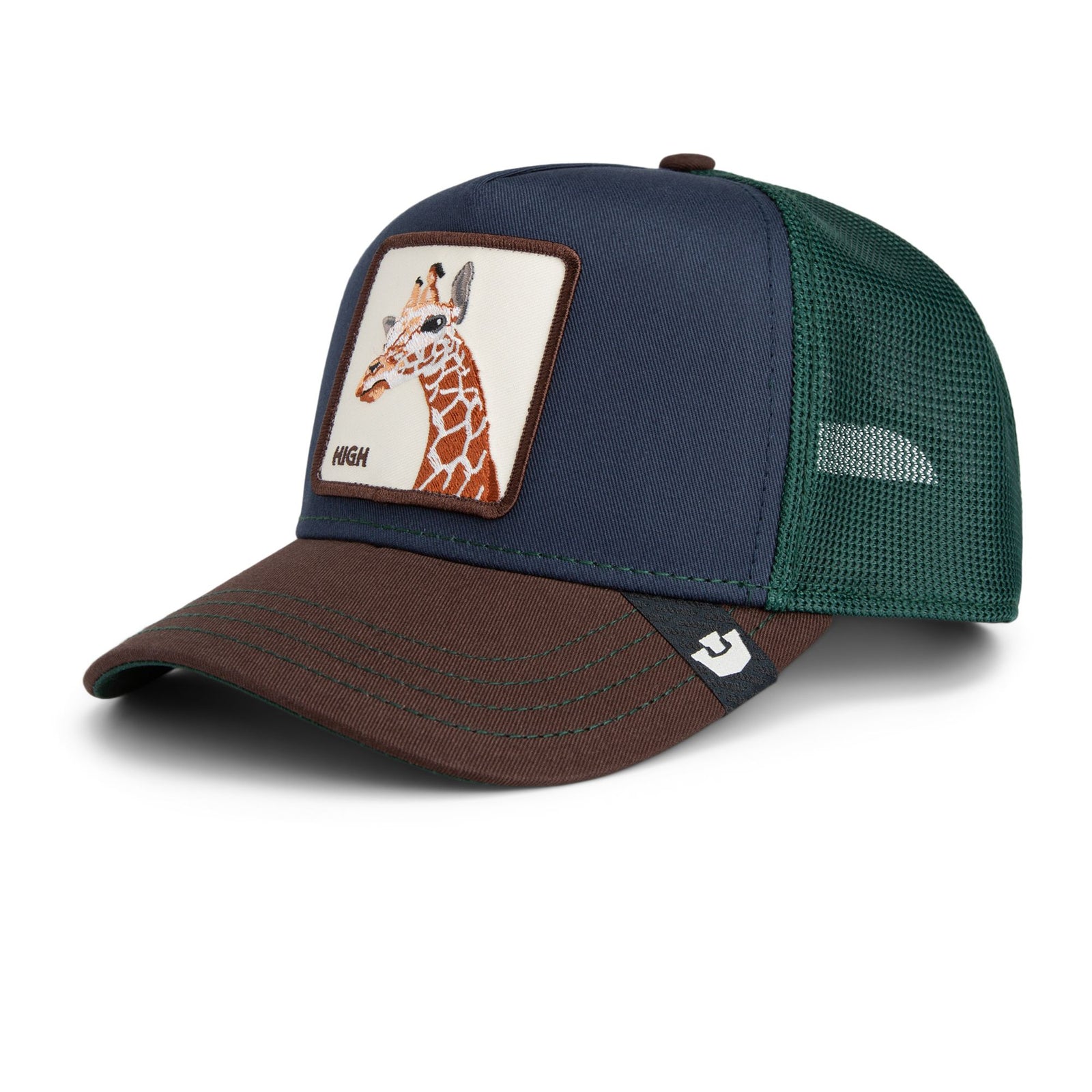 Goorin Tricolor Giraffe Trucker Hat with a giraffe patch on the navy front, brown brim, and green mesh.