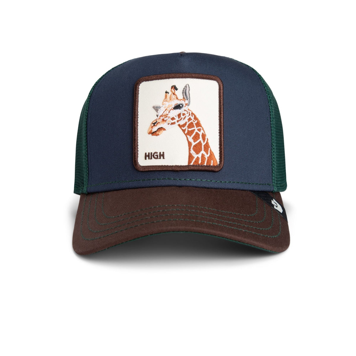 Goorin Tricolor Giraffe Trucker Hat with a giraffe patch on the navy front, brown brim, and green mesh.