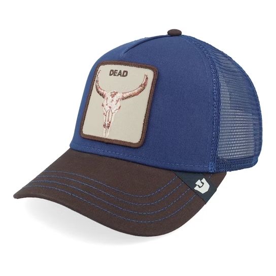 Goorin Two-Tone Skull Trucker Hat in galactic blue and cola brown with longhorn skull patch.