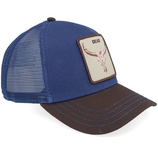 Goorin Two-Tone Skull Trucker Hat in galactic blue and cola brown with longhorn skull patch.