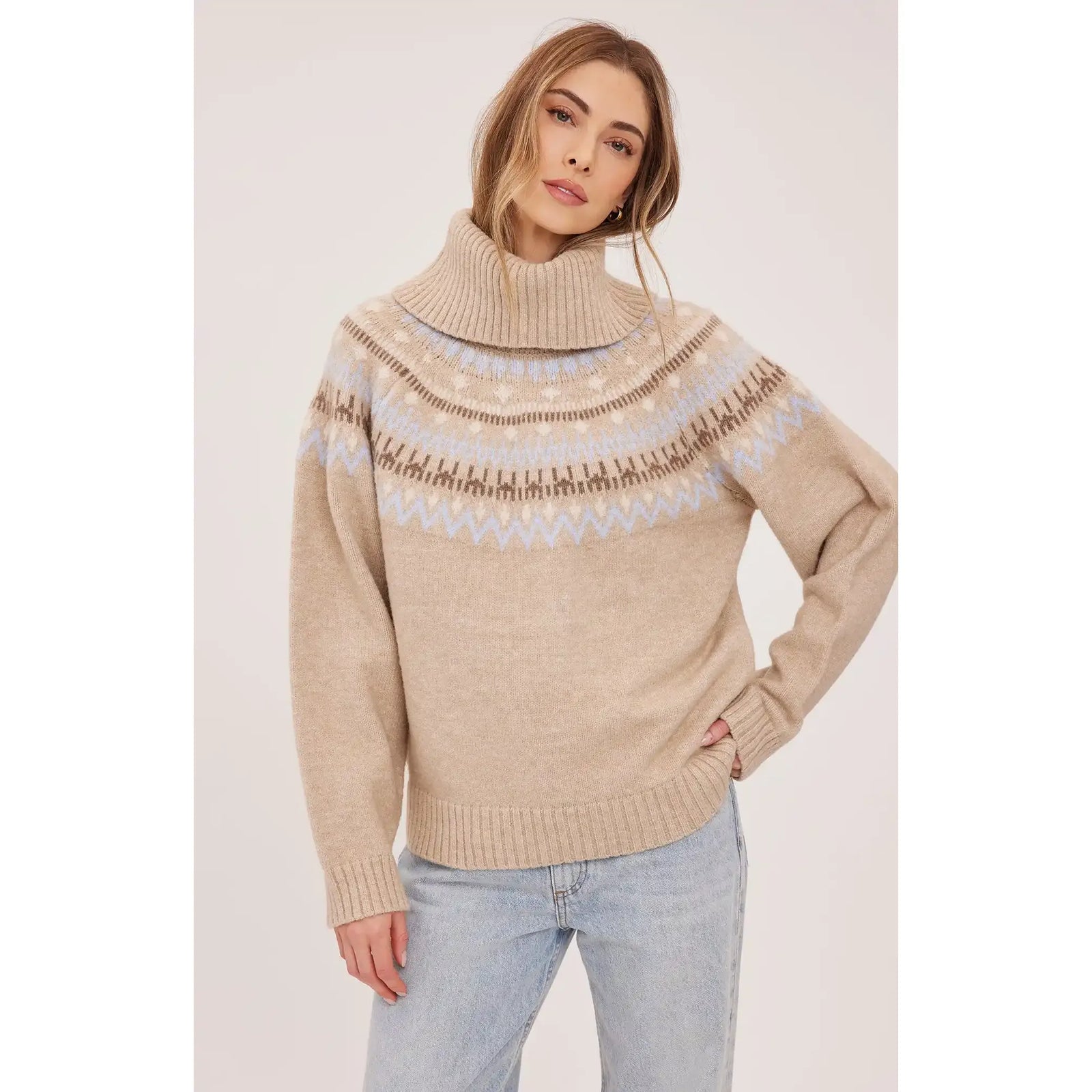 Gentle fawn freya sweater featuring a cozy turtleneck and Fair Isle pattern with blue and brown geometric details on soft knit blend.
