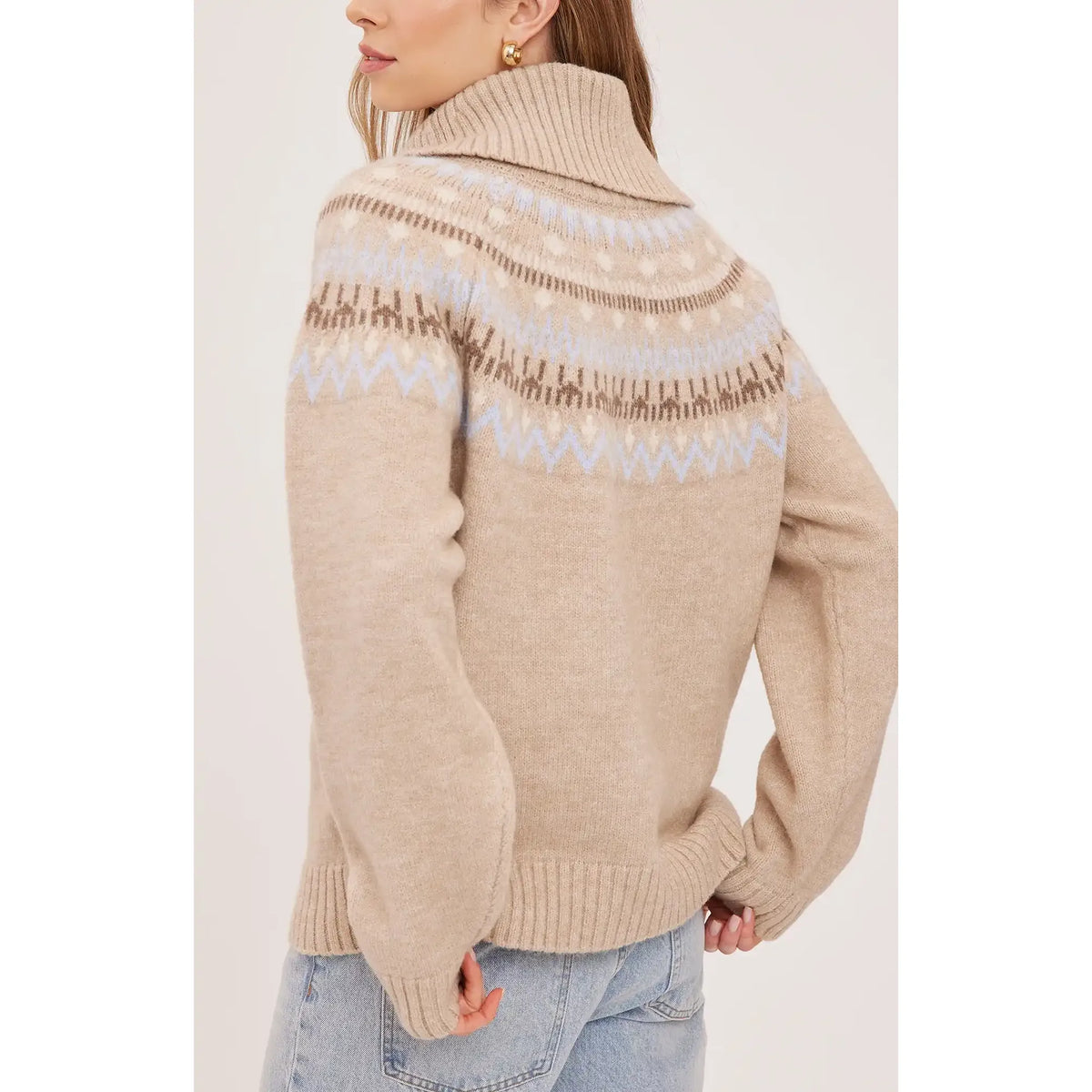 Back view of the Gentle Fawn Freya Sweater featuring a colorwork pattern, turtleneck, and relaxed fit knit.