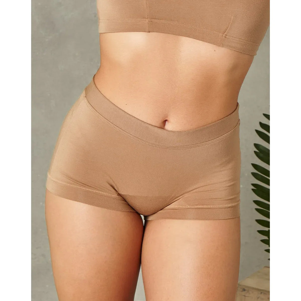Huha Boxer Mineral Undies in beige; lightweight fabric, mid-rise waistband, cuffed leg without elastic for secure fit.