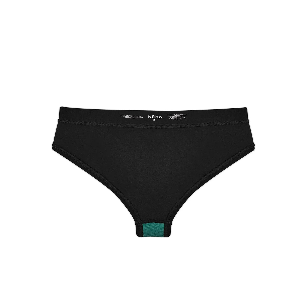 HuHa Cheeky Mineral Undies in black with green gusset; body-contouring, soft TENCEL Modal blend.