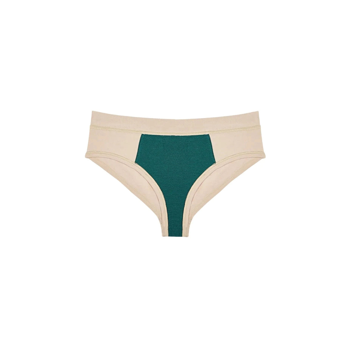 HuHa Cheeky Mineral Undies — beige with green front panel, flattering, stay-put underwear.