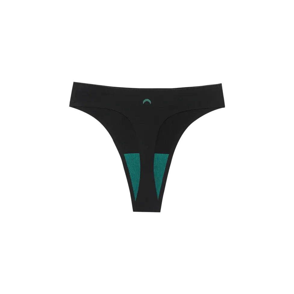 HuHa Seamless High Rise Thong in black with teal accents and a small front logo.