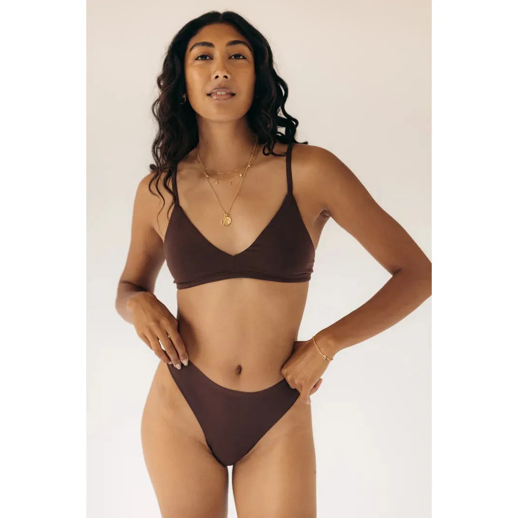 HuHa Seamless High Rise Thong in brown on a model; breathable tree-fiber fabric, seamless and airy.