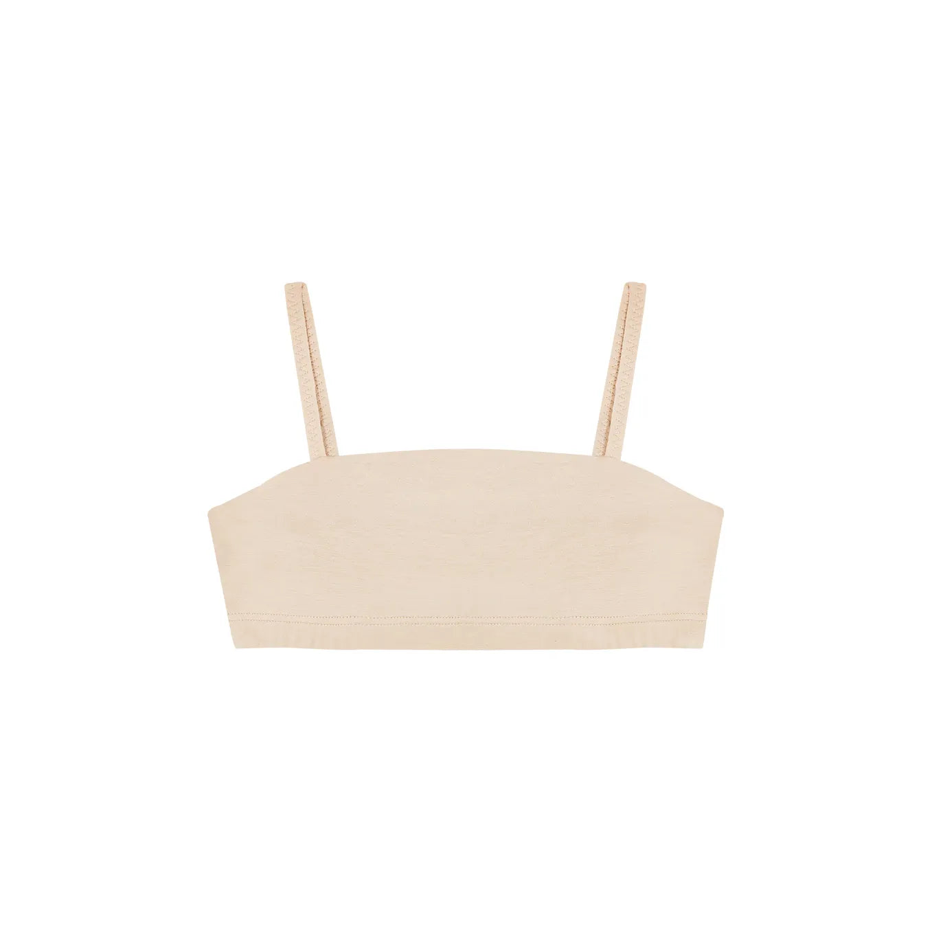 Huha Tata Mineral Bralette in beige with elastic straps, hardware-free bandeau and broad underband.