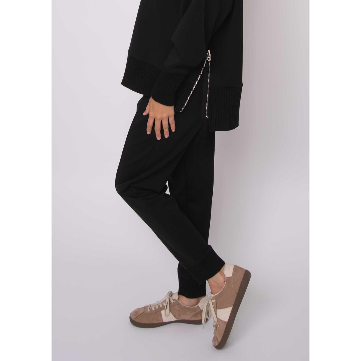 Joselle Soft Knit Pull On Jogger Pants in black with rib cuffs and adjustable drawstring waist.