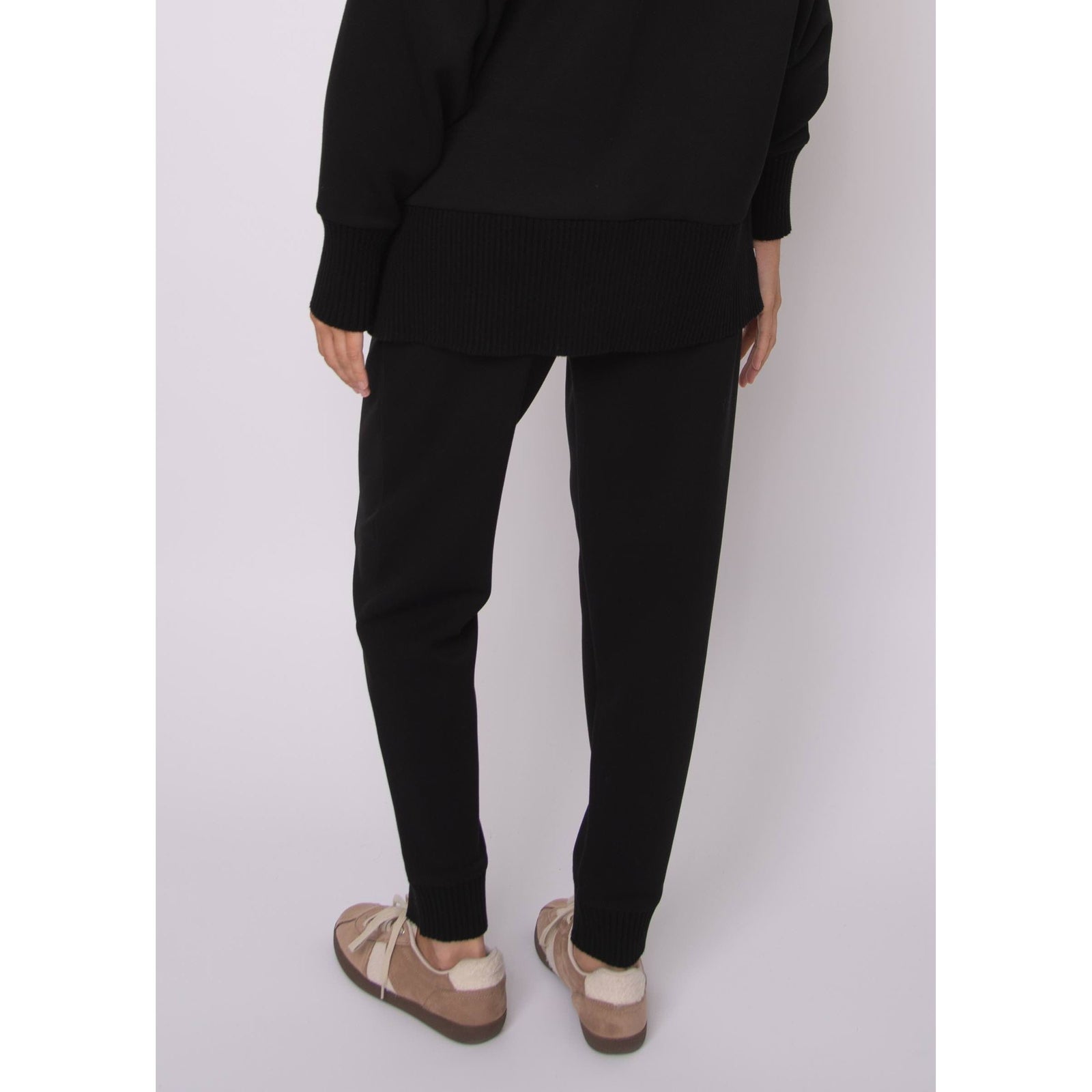 Joselle Soft Knit Pull-On Jogger Pants in black on a model with relaxed silhouette and adjustable waist.