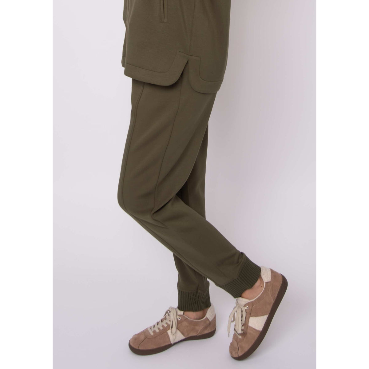 Joselle soft knit pull-on jogger pants in olive with drawstring waist, cargo pockets, ribbed cuffs.