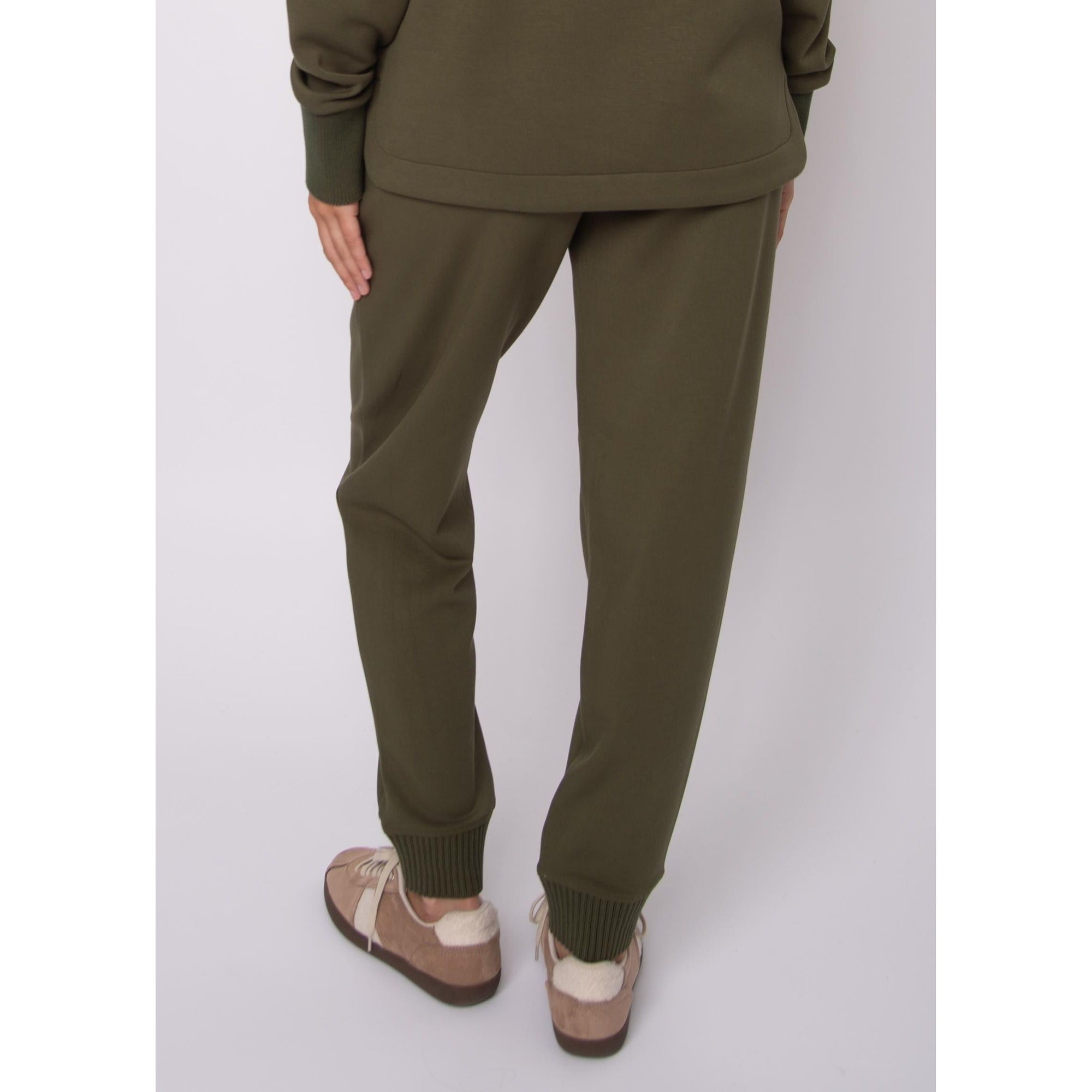 Joselle Soft Knit Pull On Jogger Pants in olive green, back view, relaxed fit with drawstring waist and cuffed ankles