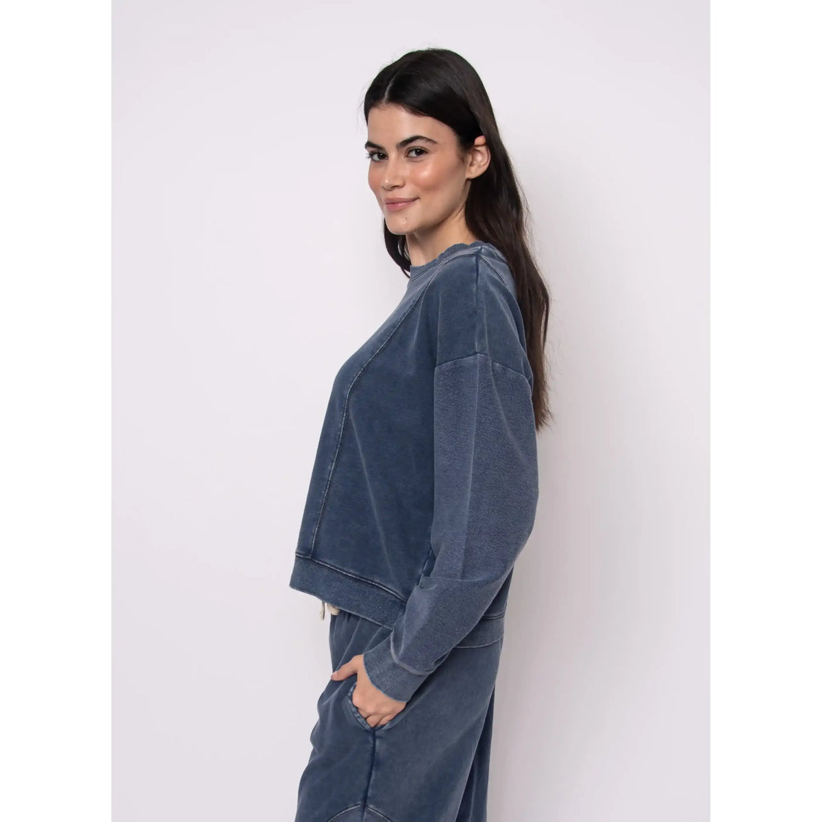 Kacey French Terry Pull Over Crew Top in washed blue, relaxed-fit on model.