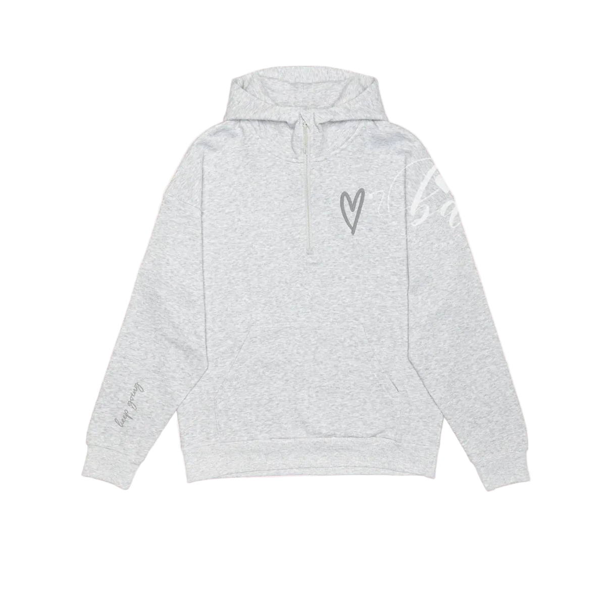 Keep Going Half Zip Hoodie, cozy gender-neutral hoodie with heart logo and in-house embroidery reading "keep going".