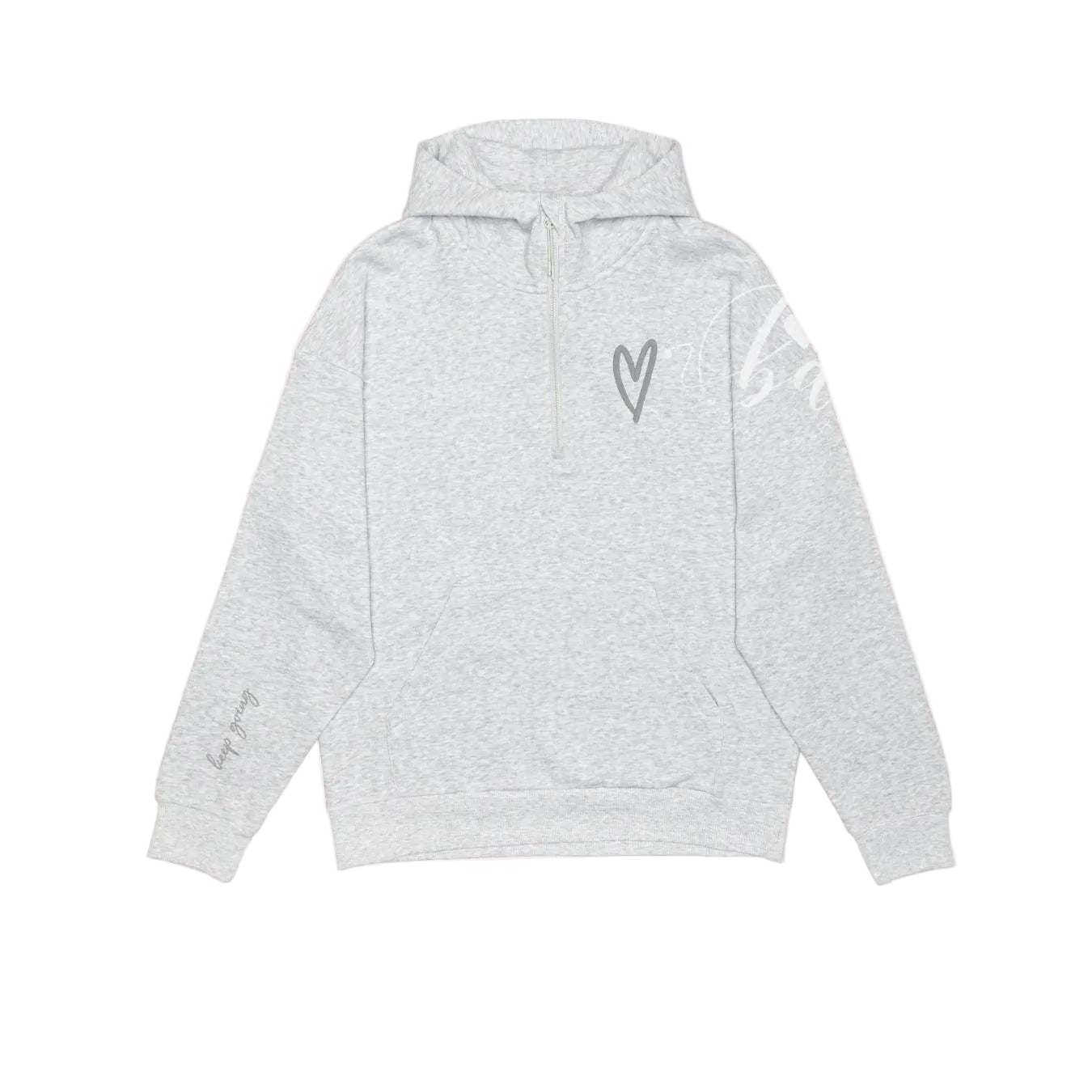 Keep Going Half Zip Hoodie, cozy gender-neutral hoodie with heart logo and in-house embroidery reading "keep going".