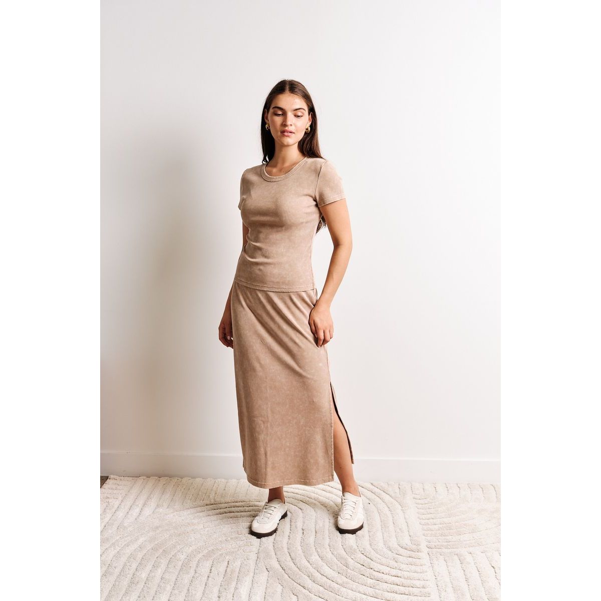 Kuwalla KWG Ribbed Classic Tee with taupe ribbed knit top and matching skirt, crew neck, short sleeves.