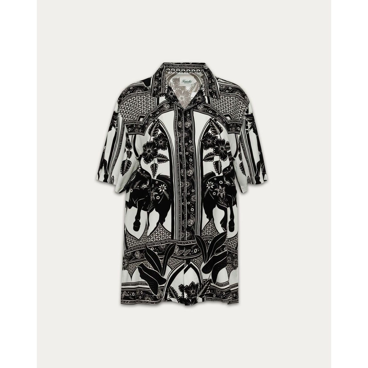 Kuwalla Beach Shirt Western Boho, black-and-white print with elephants, relaxed short-sleeve beach shirt