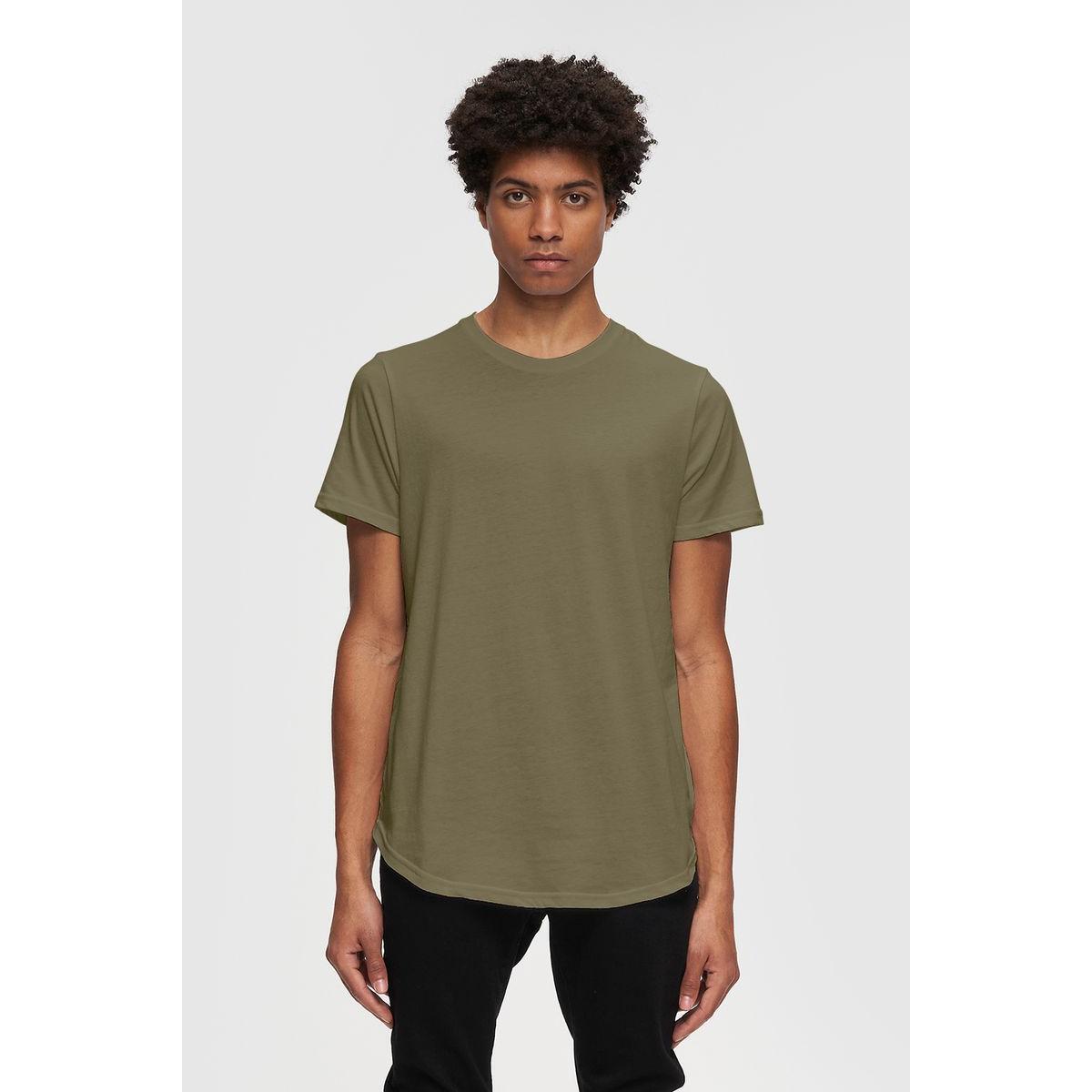 Kuwalla Scoop Tee in olive: soft crewneck with scooped hem front and back.