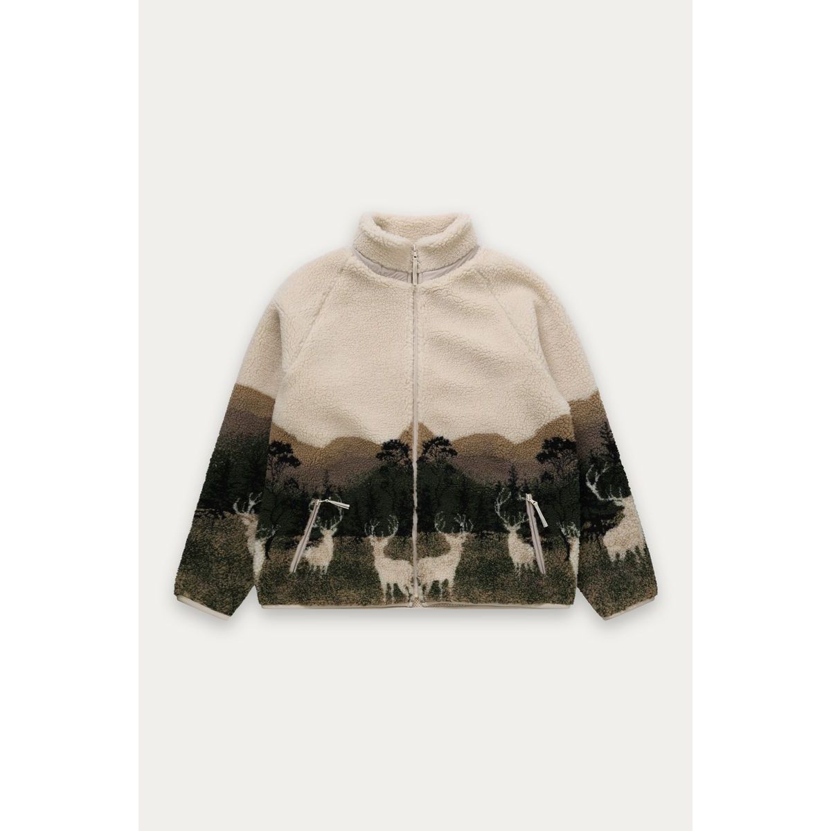 Beige sherpa jacket featuring an elk wildlife and forest print across the lower half, with zippered pockets and a full-length zipper for cozy layering.