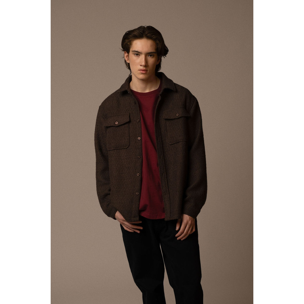 Kuwalla HandLoom Long Sleeve Shirt worn over burgundy tee in a brown textured jacket for a cozy layered look.