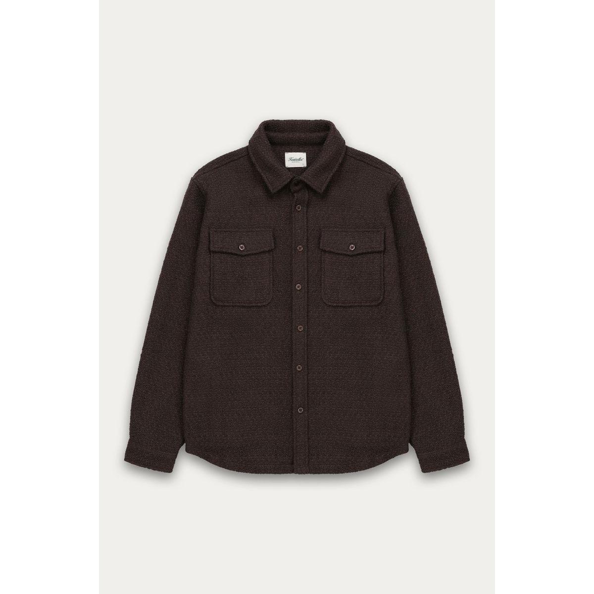 Kuwalla HandLoom Long Sleeve Shirt worn over burgundy tee in a brown textured jacket for a cozy layered look.