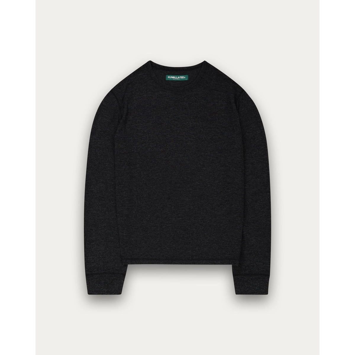 Dark heathered thermal long sleeve tee with crew neck and ribbed cuffs for versatile daily layering.