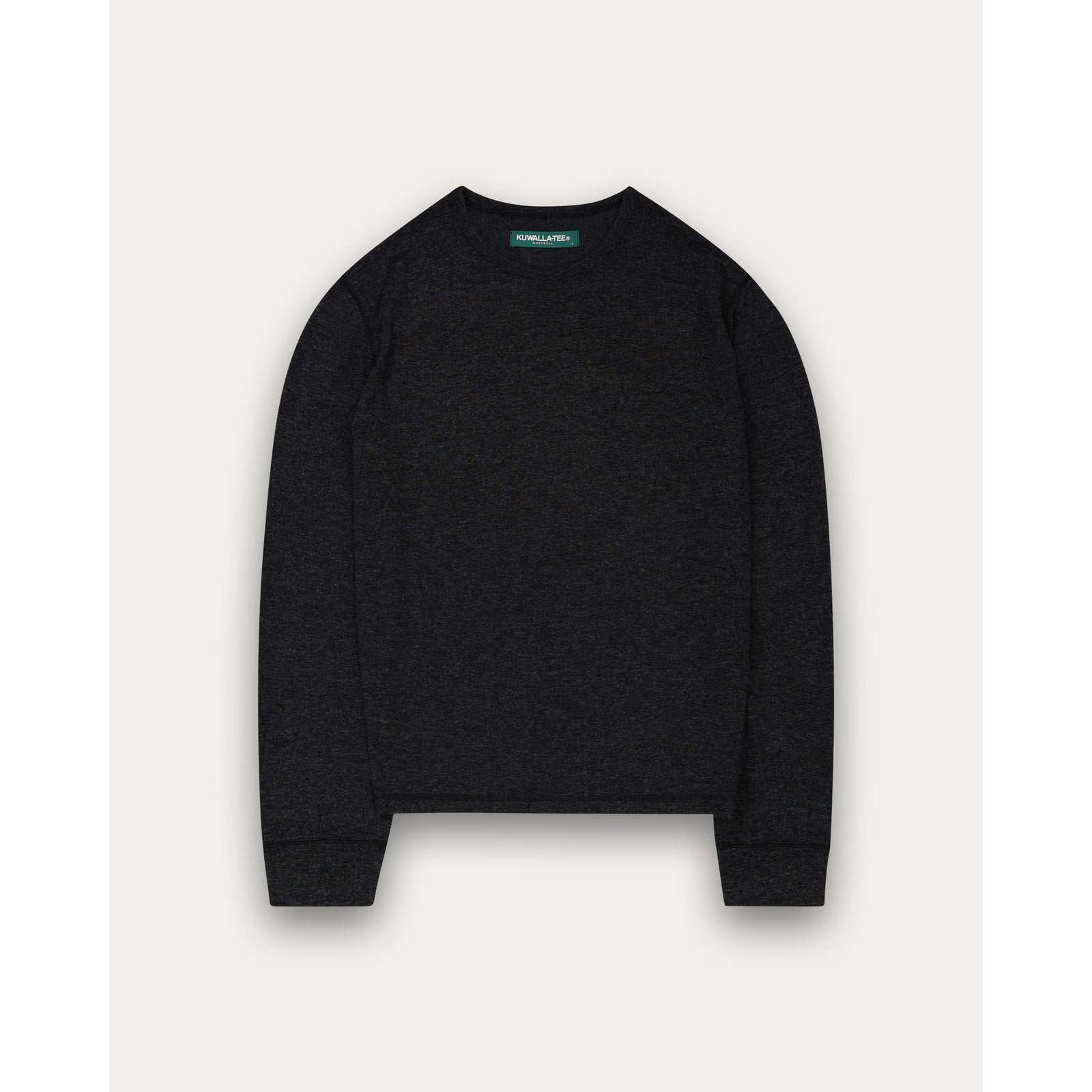Dark heathered thermal long sleeve tee with crew neck and ribbed cuffs for versatile daily layering.