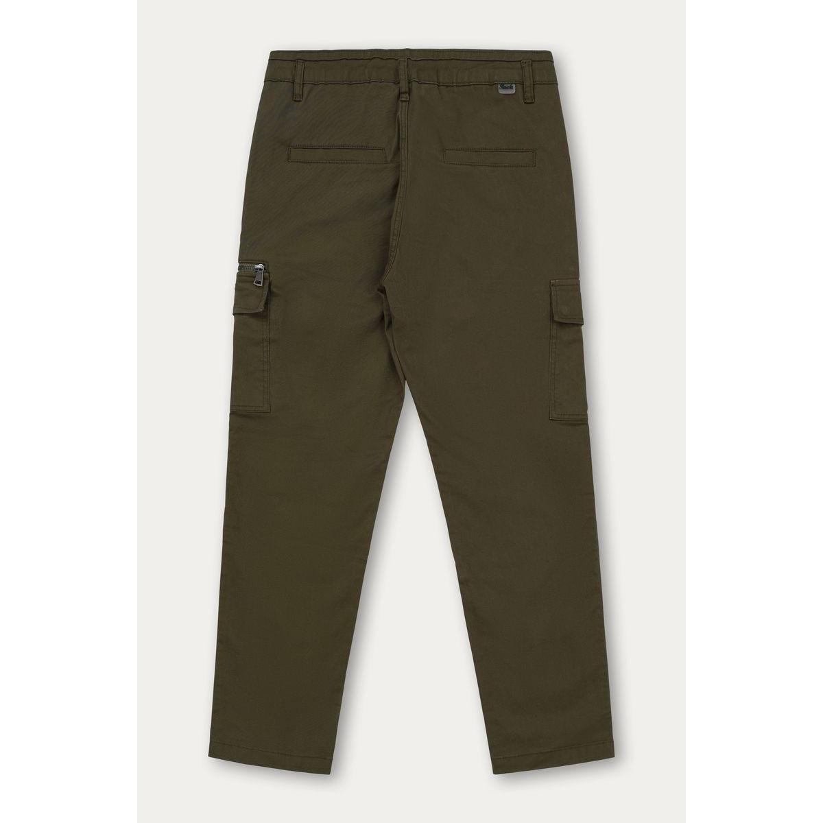 Kuwalla Loose Cargo Trouser olive with roomy cargo pockets and a left-zip pocket.