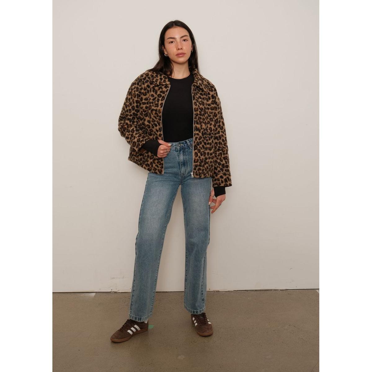 Kuwalla Manon Leopard Shacket with plush leopard sherpa, zip front, worn by model in-store.