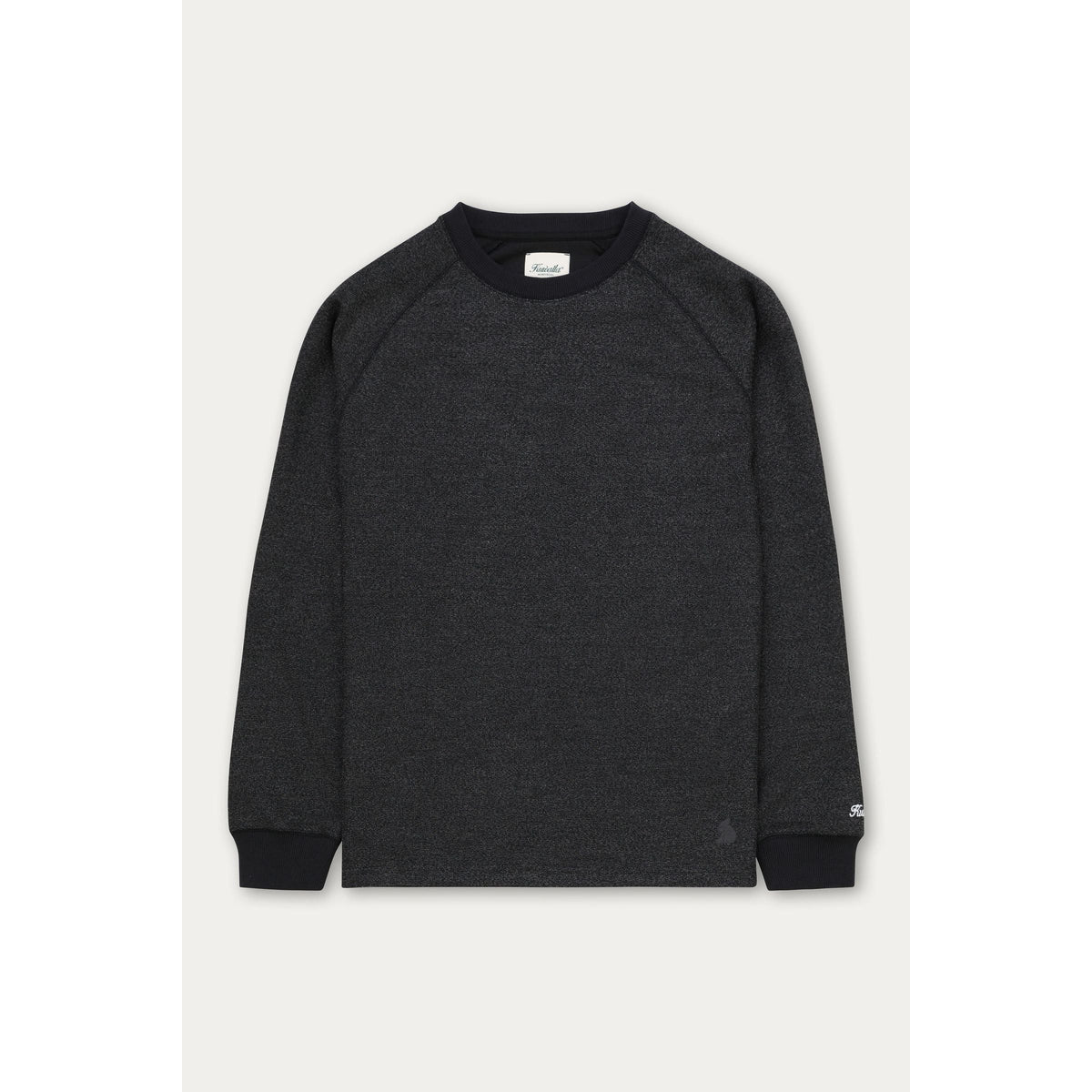 Kuwalla Marled Thermal Sweater in charcoal black, soft 80/20 polyester-viscose, ribbed collar and cuffs.