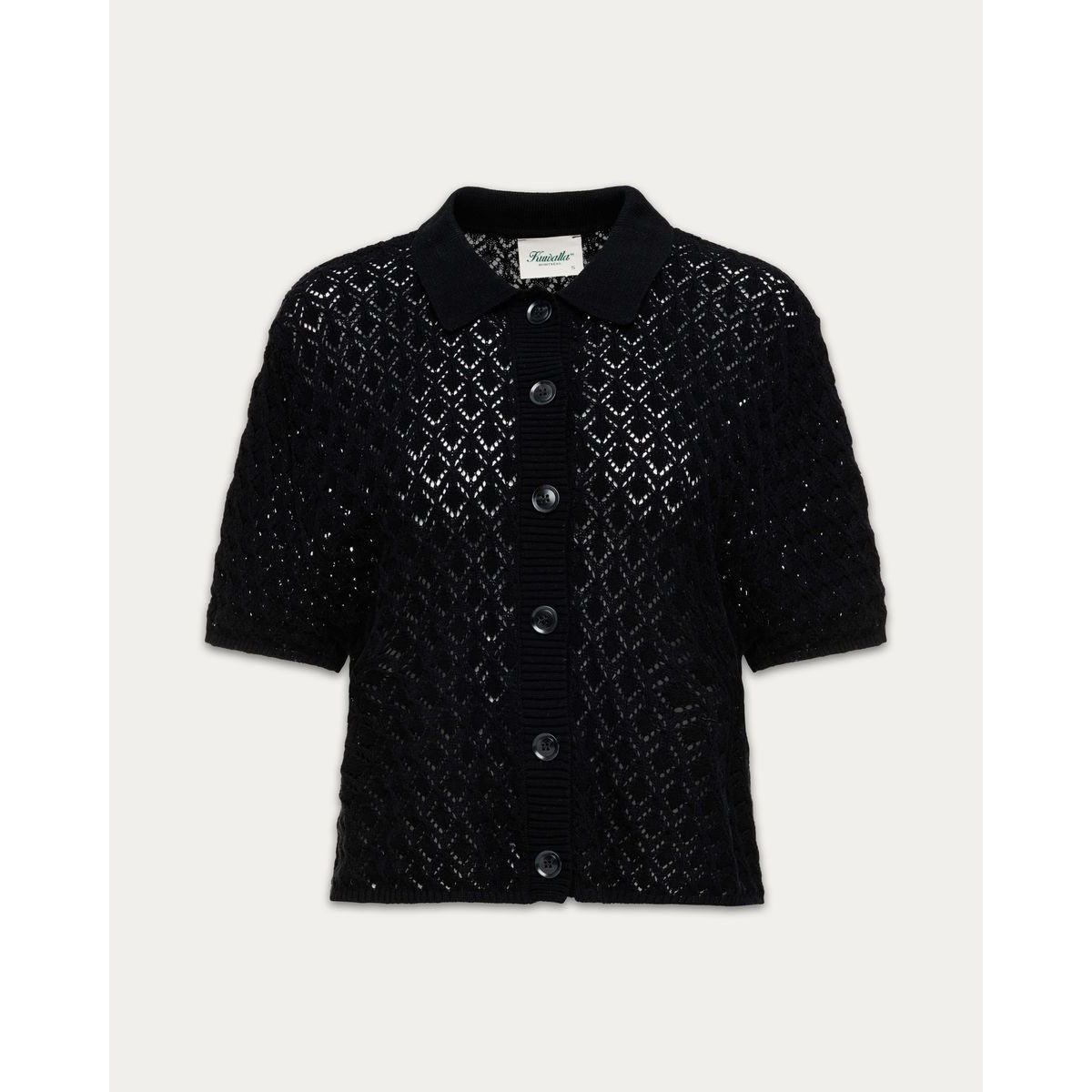 Kuwalla Monica Beach Knit Button Up in black lace-knit with collar and front buttons.