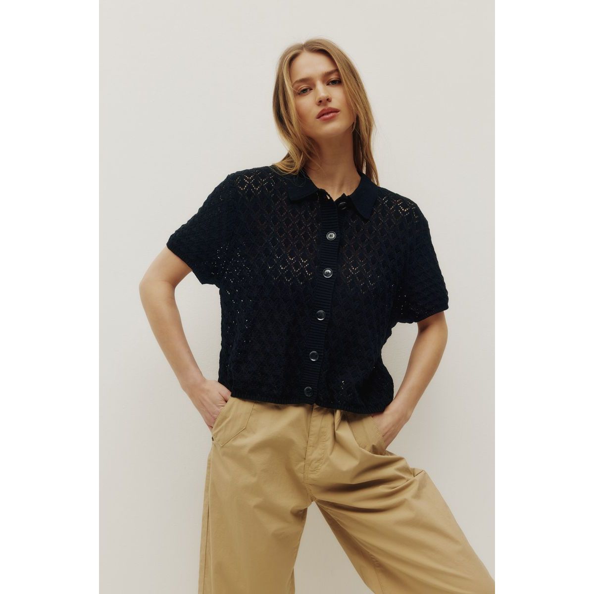 Kuwalla Monica Beach Knit Button Up in black lace knit, short sleeves, collared button-front top.