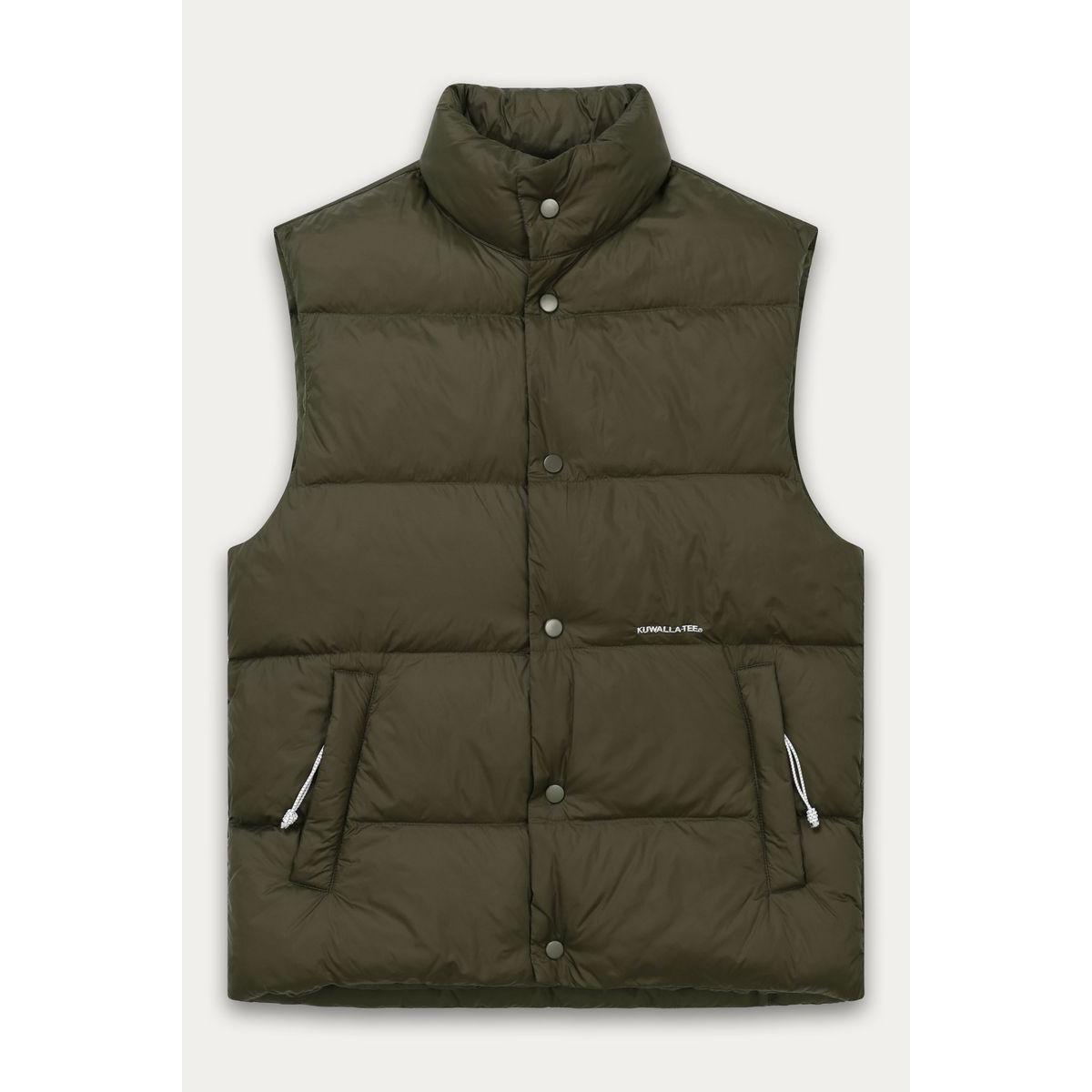 Kuwalla Nylon Puffer Vest olive green, water-resistant matte puffer with snap front and cord pockets.