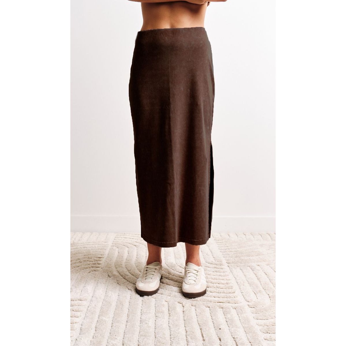 Kuwalla Pamerla Ribbed Shirt with brown ribbed ankle-length skirt; wash in cold, hang to dry; size chart.