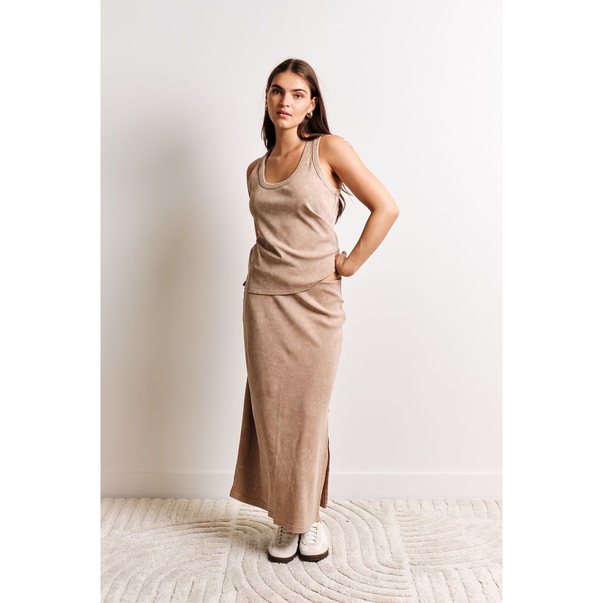 Kuwalla Pamerla Ribbed Shirt in beige with a matching skirt; wash in cold, hang to dry; Size Chart.