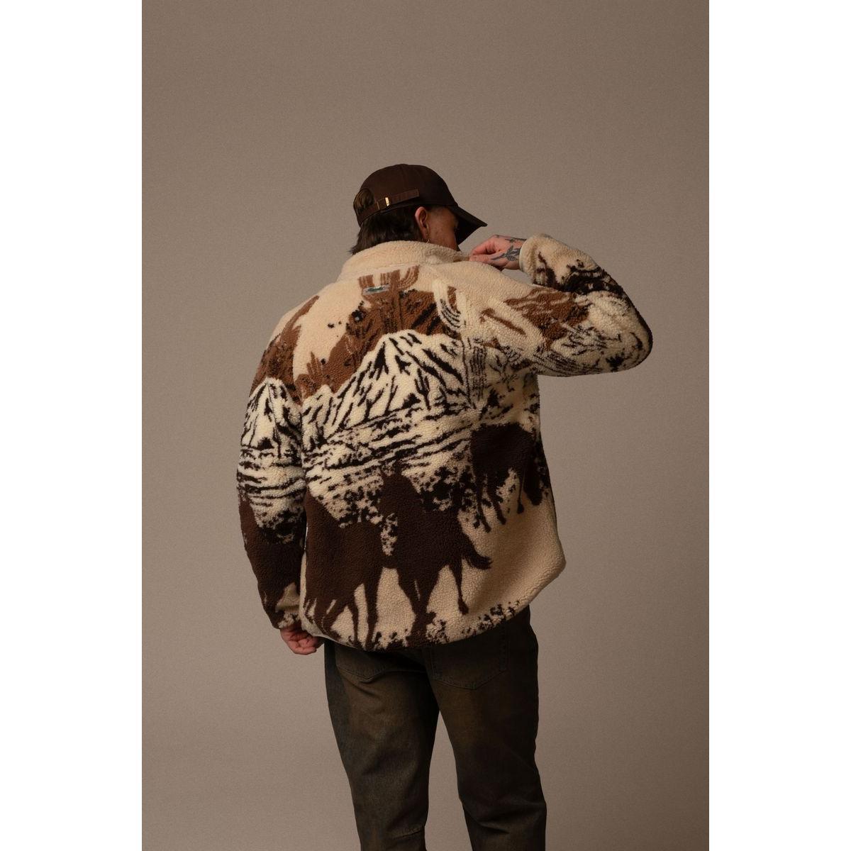 Kuwalla Printed Sherpa Fleece Jacket Desert Stallion — unisex plush fleece with desert stallion print and pockets.