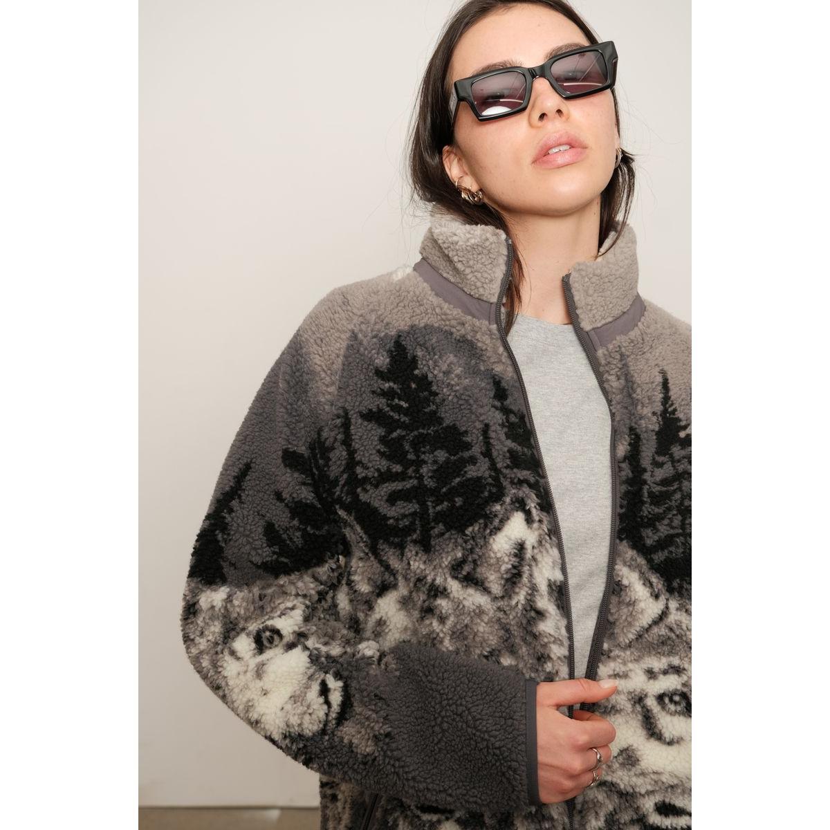 Kuwalla Printed Sherpa Fleece Jacket Wolf Pack by Kuwalla: unisex plush fleece with wolf pack print, cozy pockets.