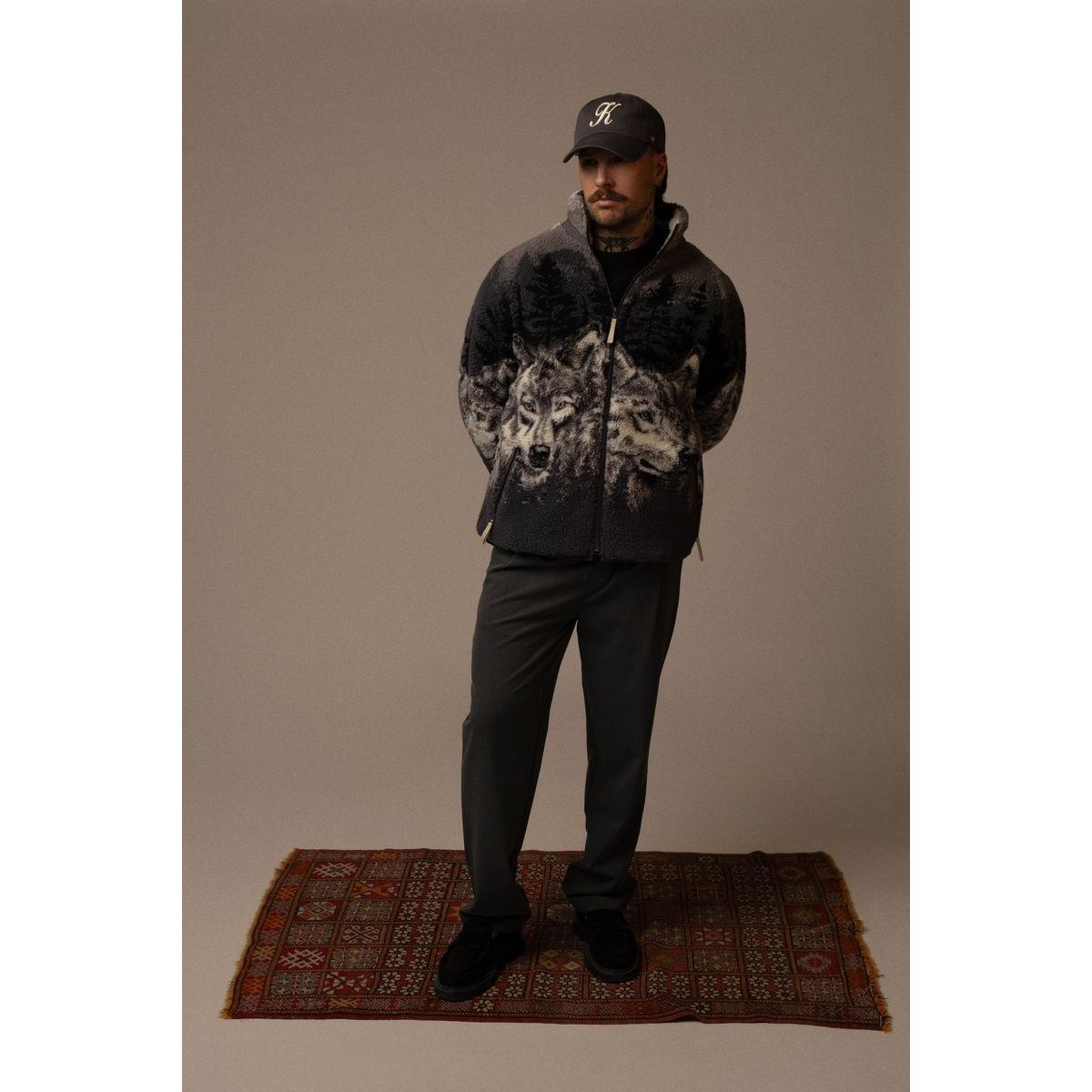 Kuwalla Printed Sherpa Fleece Jacket Wolf Pack by Kuwalla: unisex plush fleece with wolf pack print, cozy pockets.