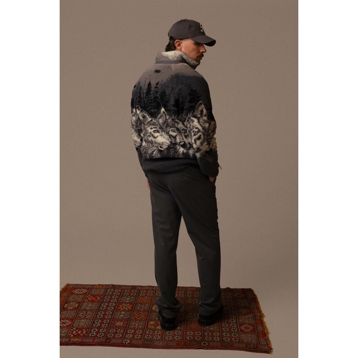 Kuwalla Printed Sherpa Fleece Jacket Wolf Pack by Kuwalla – unisex plush fleece with wolf-pack print and pockets.
