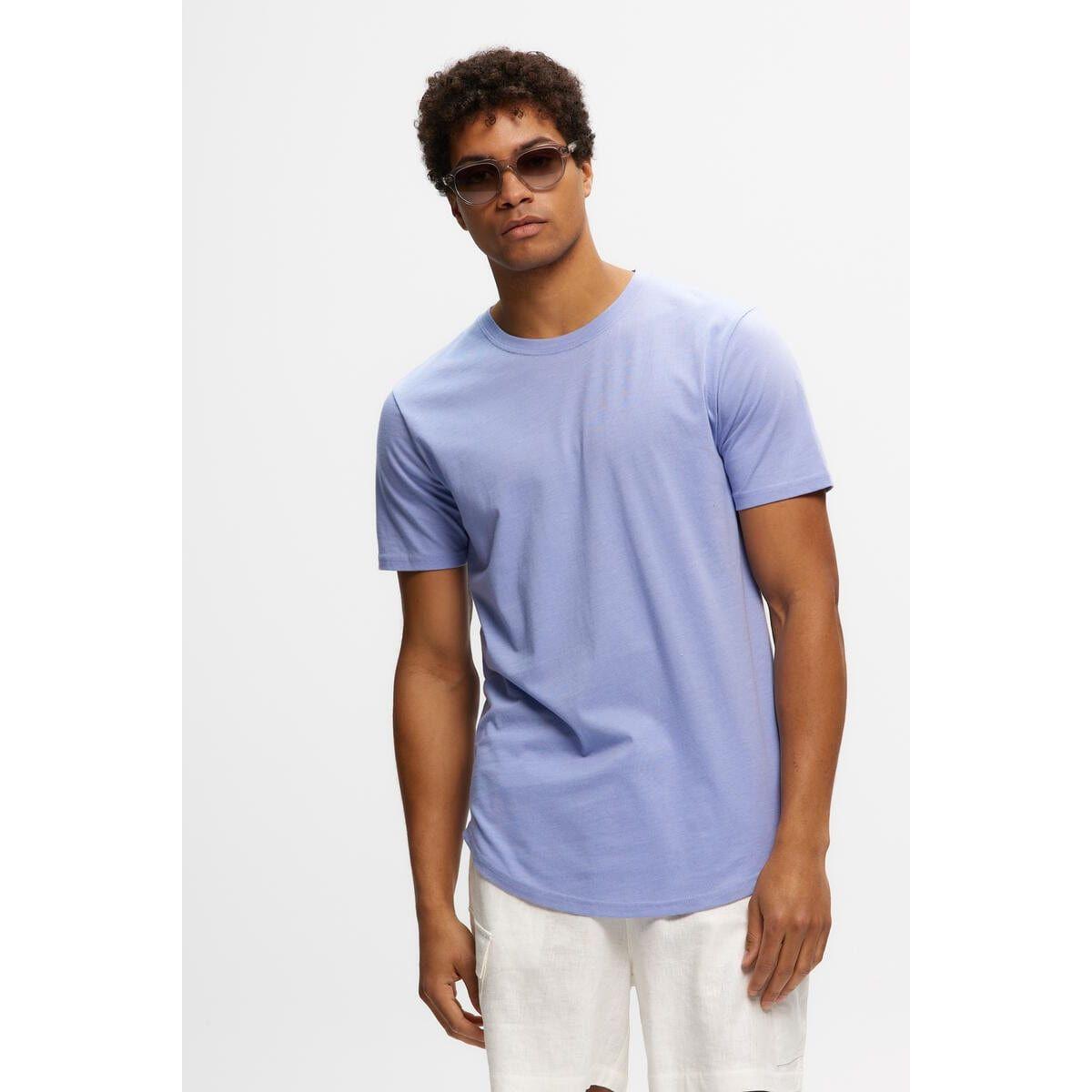 Kuwalla Scoop Tee in purple impression; lightweight, slim-fit tee with scooped hems and back branded label.