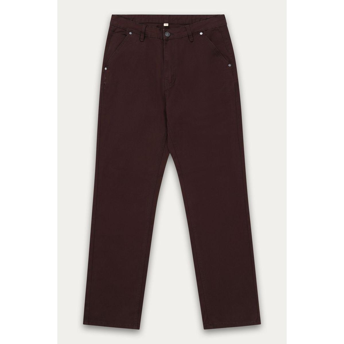 Kuwalla Straight Leg Chino Pant in burgundy with stretch fabric, front pockets and rivet details.