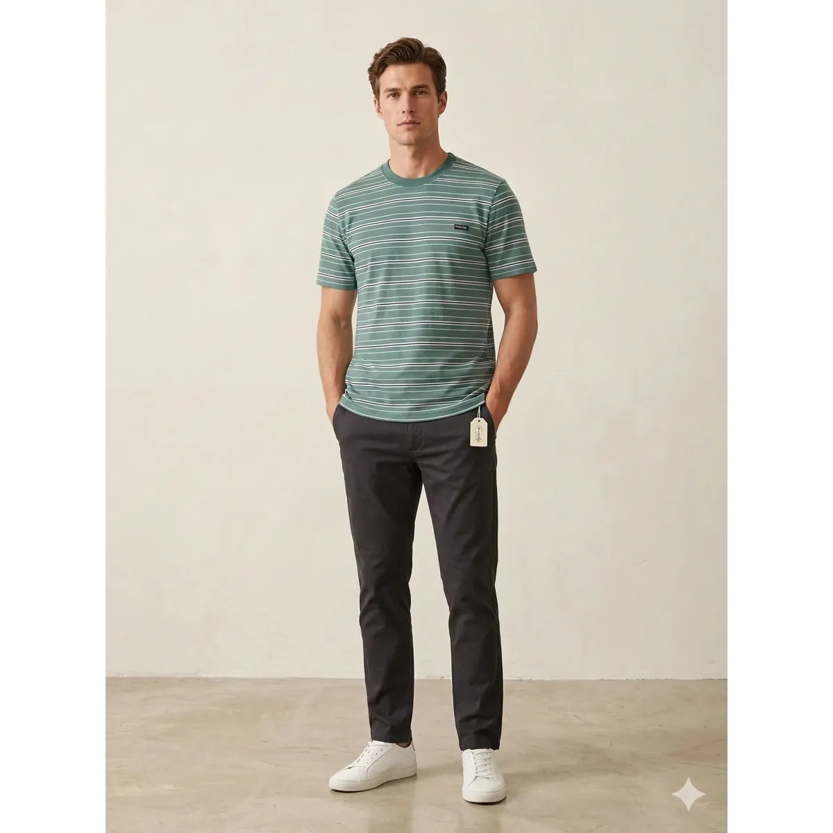Kuwalla Striped Tee on a male model; teal-green striped cotton tee with a relaxed fit.