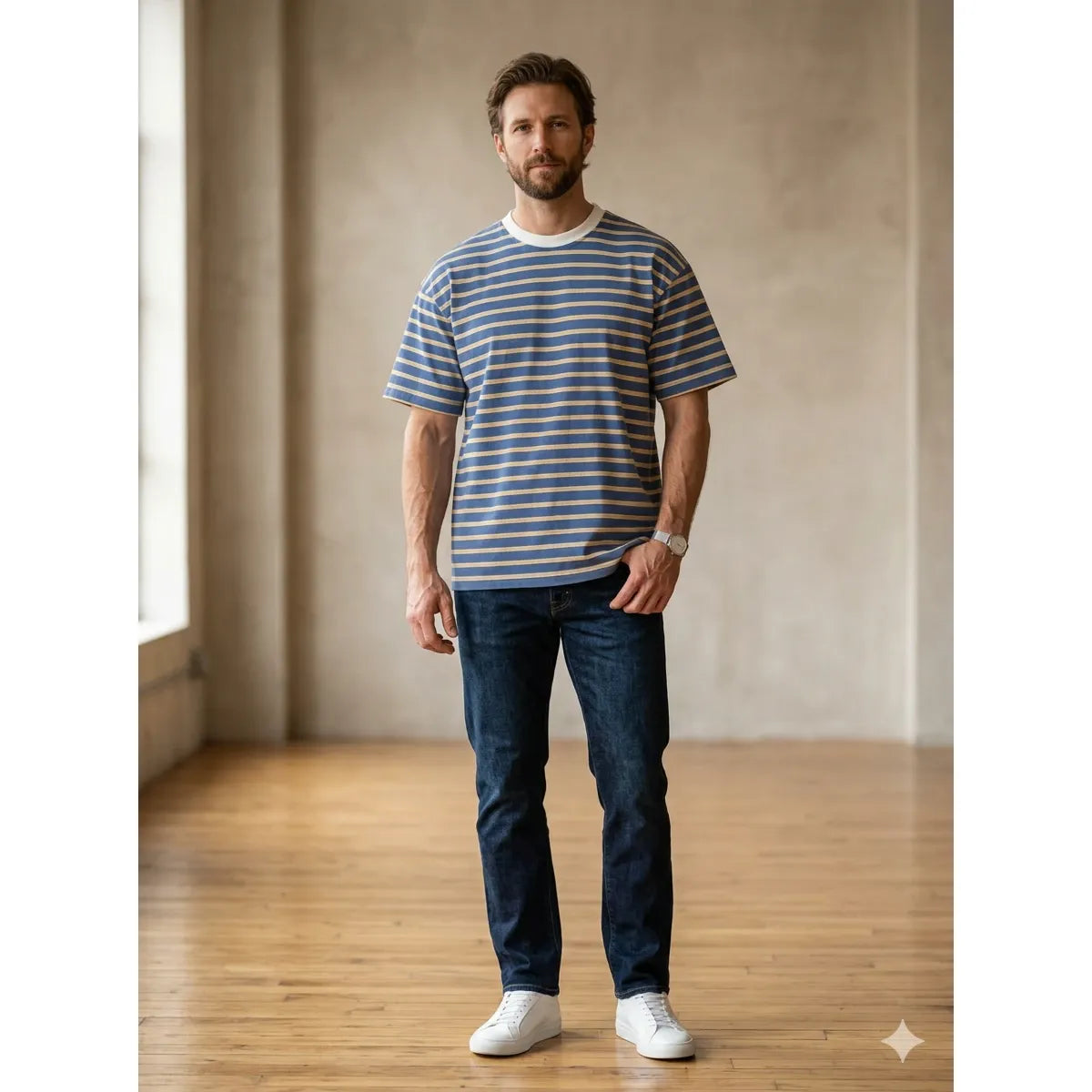 Man in Kuwalla Striped Tee with blue-and-white stripes, relaxed fit, paired with dark jeans.