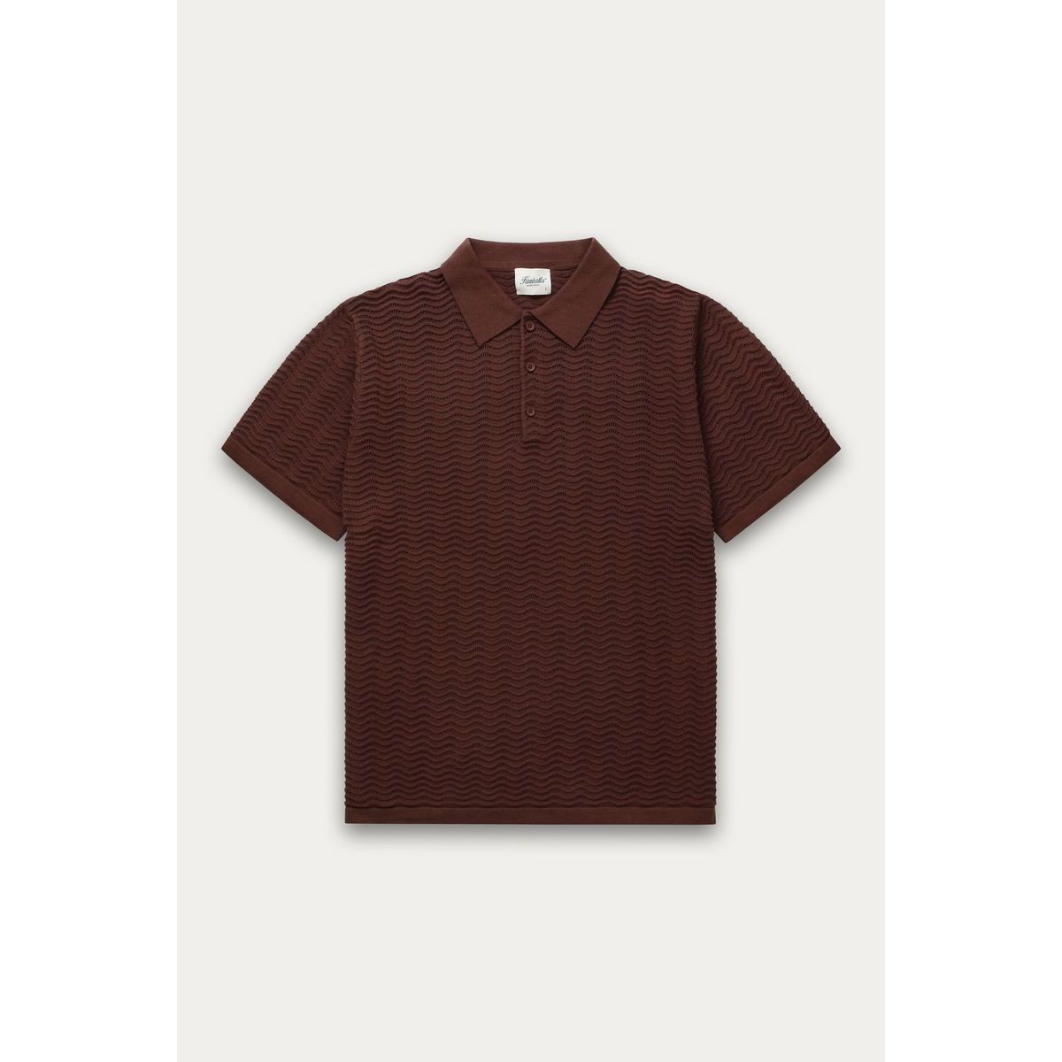Kuwalla Wave Knit Polo in brown, 100% cotton with textured wave knit, short sleeves, relaxed oversized fit.