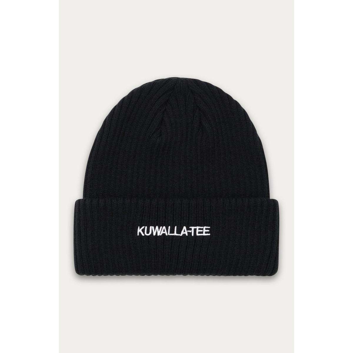Kuwalla Essential Beanie in black acrylic knit with embroidered cuff logo by Kuwalla.