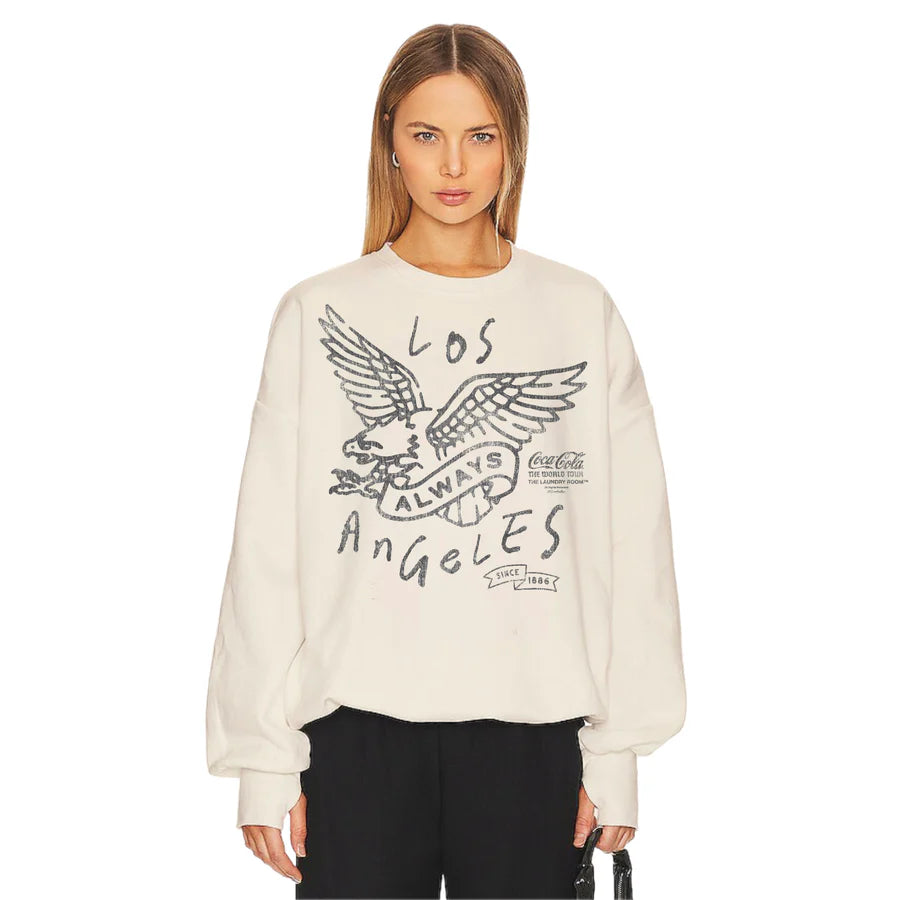 Laundry Room Always Los Angeles Jump Jumper cream oversized sweatshirt with winged eagle LA graphic and Coca-Cola.