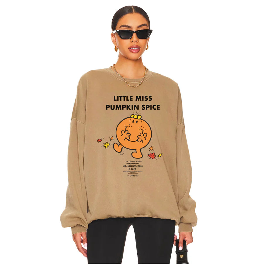 Laundry Room Little Miss Pumpkin Spice Crew sweatshirt with beige oversized fit and pumpkin graphic print.