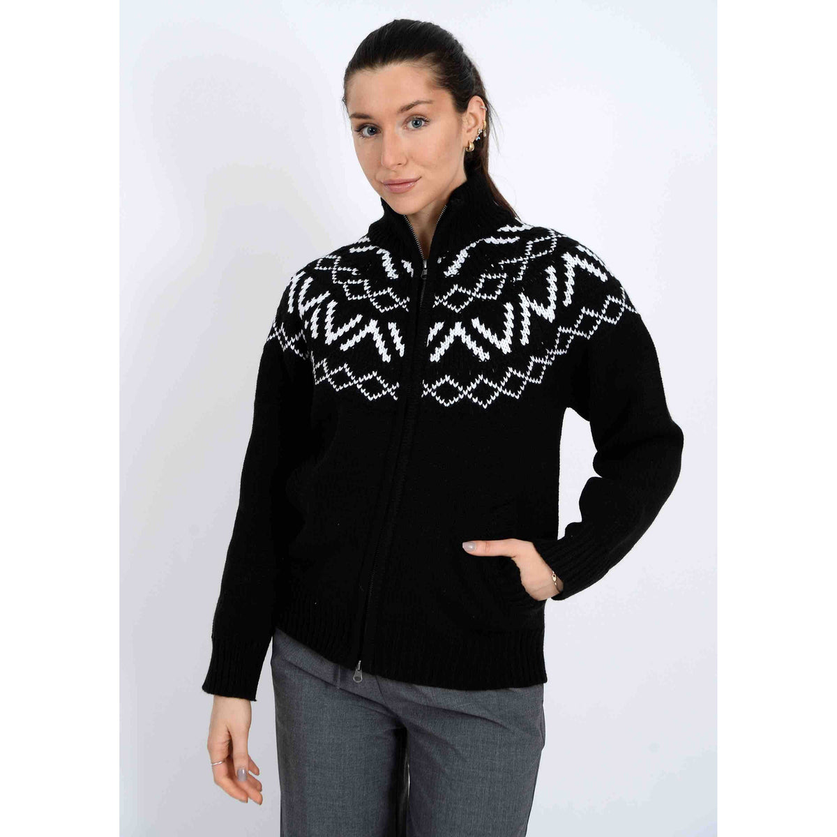 Leocadia Mock Neck Zip Cardigan in black knit with white Nordic pattern, full-zip front, ribbed cuffs.