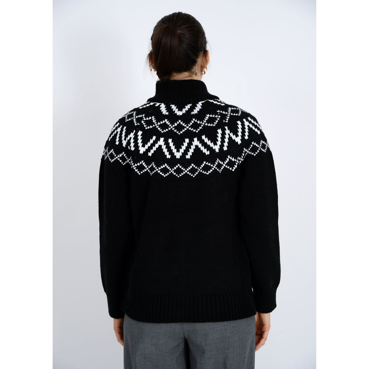 Leocadia Mock Neck Zip Cardigan back view in black knit with white geometric yoke pattern