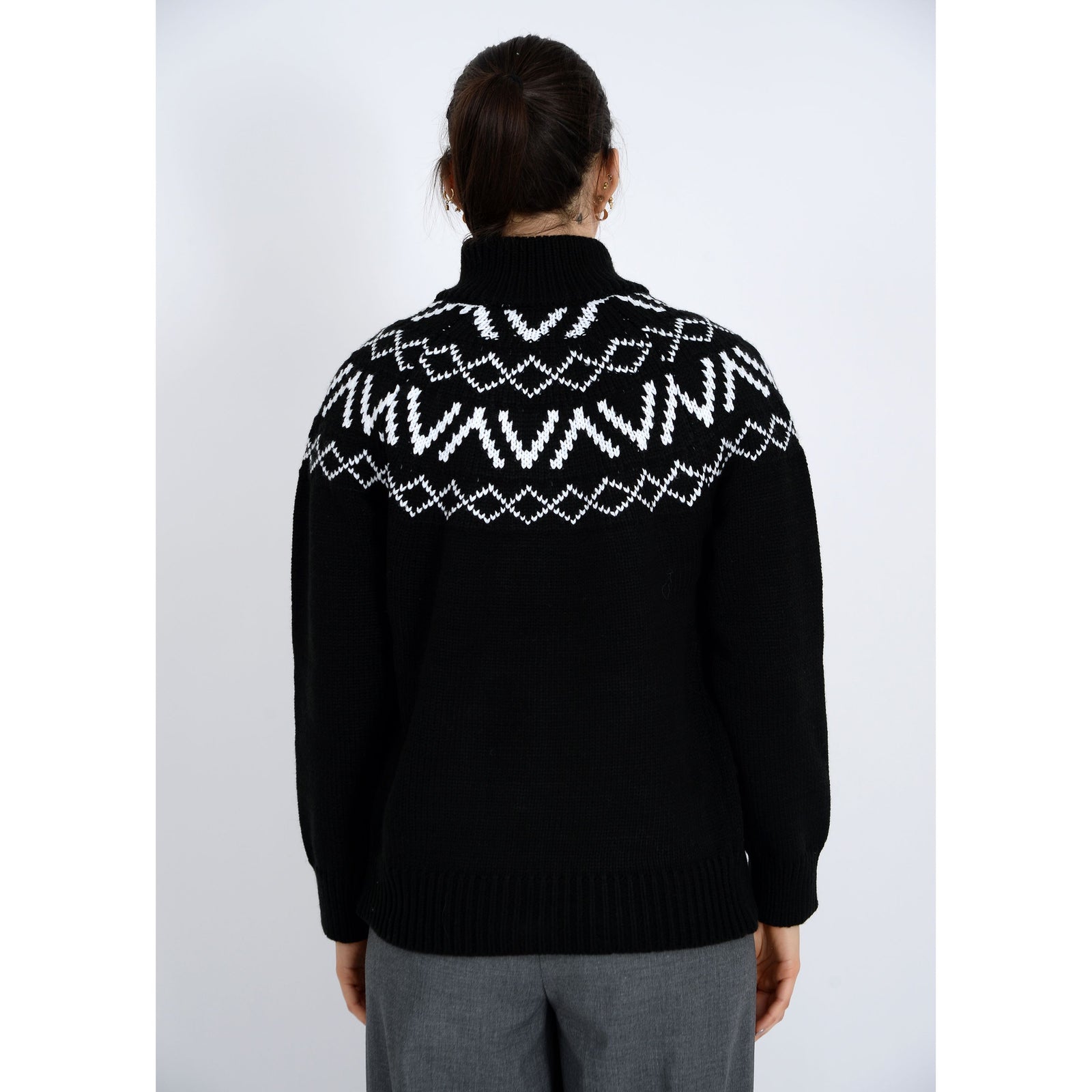 Leocadia Mock Neck Zip Cardigan back view in black knit with white geometric yoke pattern